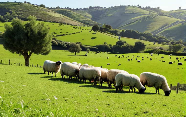 **
"Lush green pasture in Portugal with Dorper sheep grazing peacefully, rolling hills in the background, sunny day, focus on healthy livestock, idyllic countryside scene, showcasing quality meat production."
**
