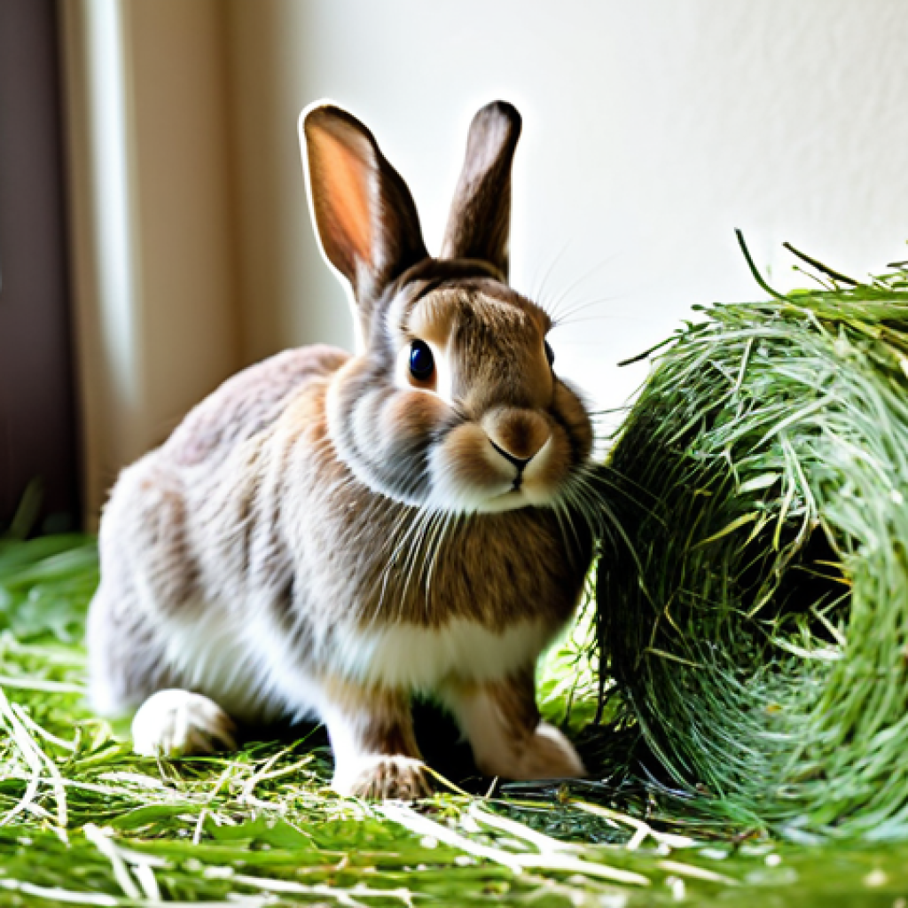 A healthy, well-groomed rabbit in a natural pose, actively and continuously chewing a large pile of fresh, green Timothy hay. The rabbit is situated within a spacious, clean, and well-lit indoor habitat, with an abundance of high-quality hay clearly visible. The background is softly blurred to emphasize the rabbit, creating a cozy and inviting home setting. Professional animal photography, natural daylight, vibrant colors, perfect anatomy, correct proportions, well-formed paws, natural body proportions, safe for work, appropriate content, fully clothed, family-friendly.