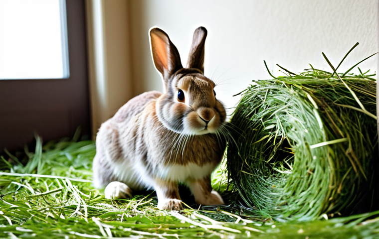 A healthy, well-groomed rabbit in a natural pose, actively and continuously chewing a large pile of fresh, green Timothy hay. The rabbit is situated within a spacious, clean, and well-lit indoor habitat, with an abundance of high-quality hay clearly visible. The background is softly blurred to emphasize the rabbit, creating a cozy and inviting home setting. Professional animal photography, natural daylight, vibrant colors, perfect anatomy, correct proportions, well-formed paws, natural body proportions, safe for work, appropriate content, fully clothed, family-friendly.