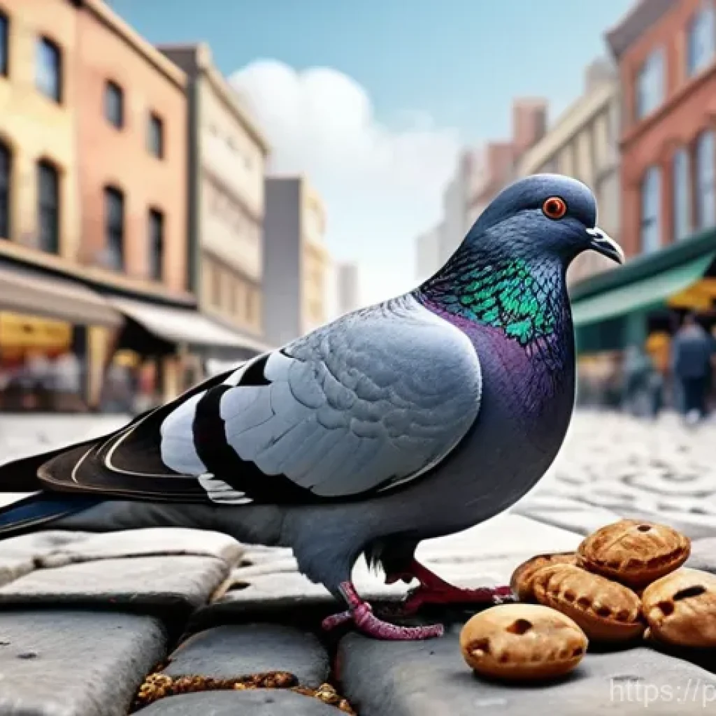비둘기 환경 적응력 - **Urban Forager Pigeon:** A highly detailed, realistic image of an urban pigeon expertly foraging fo...