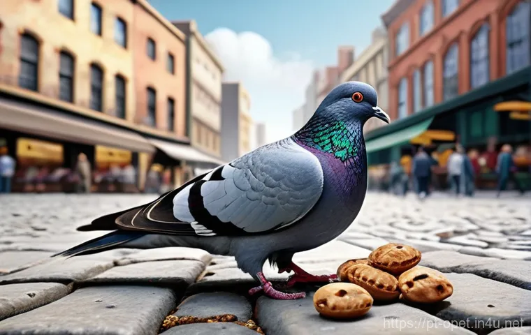 비둘기 환경 적응력 - **Urban Forager Pigeon:** A highly detailed, realistic image of an urban pigeon expertly foraging fo...