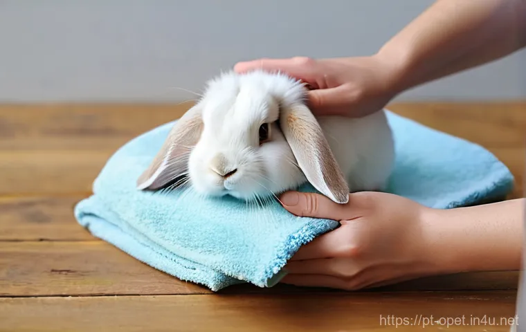 토끼 목욕 방법 - **Prompt 1: "A contented, fluffy rabbit meticulously grooming itself in a pristine, spacious indoor ...