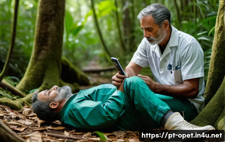 파충류 독성 해소법 - A detailed scene of a medical emergency in a rural Brazilian forest setting, showing a middle-aged m...