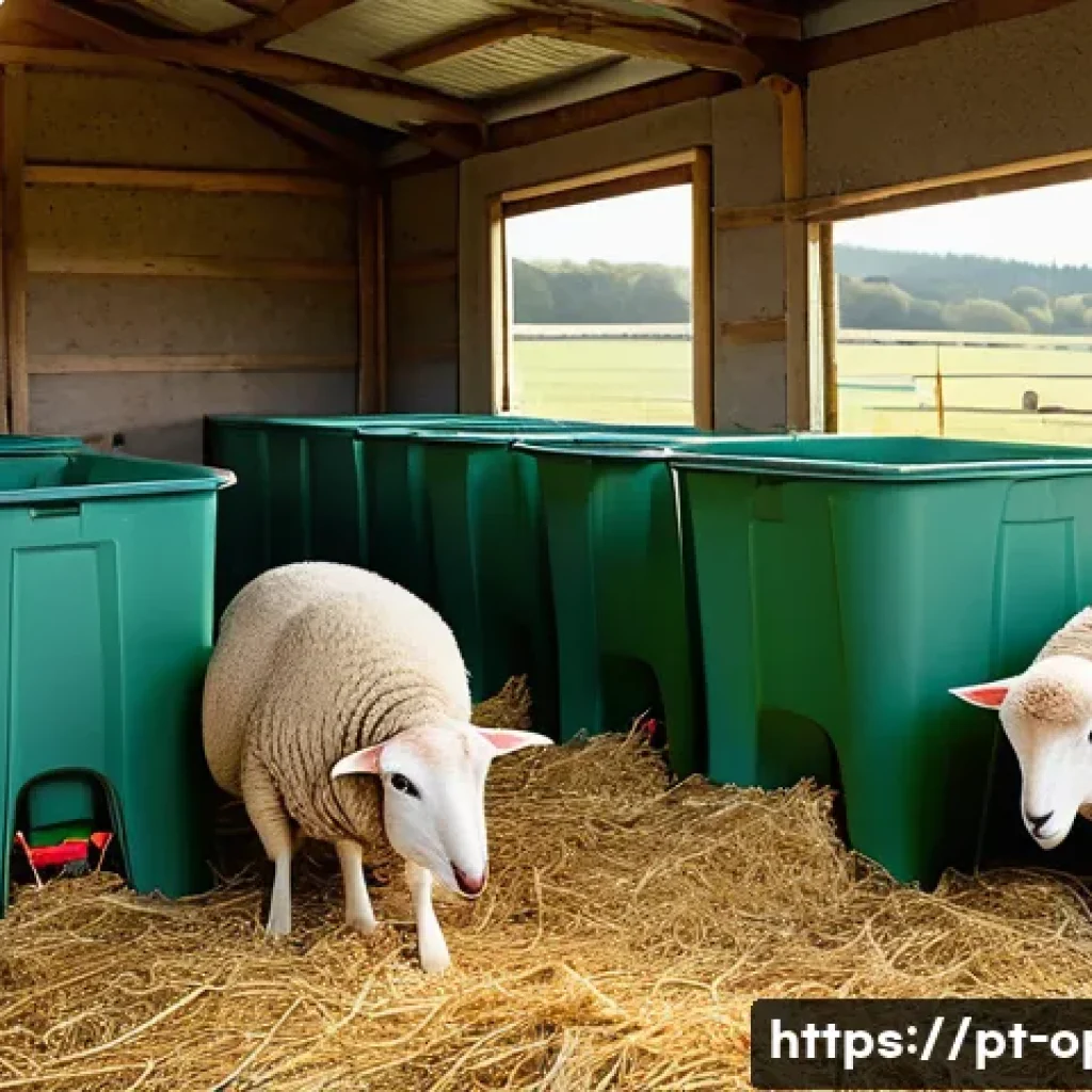 양 새끼 분만 관리 - A clean and spacious sheep pen bathed in natural daylight with soft ventilation but no drafts, featu...