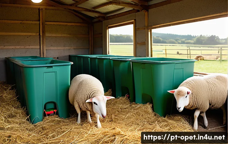양 새끼 분만 관리 - A clean and spacious sheep pen bathed in natural daylight with soft ventilation but no drafts, featu...