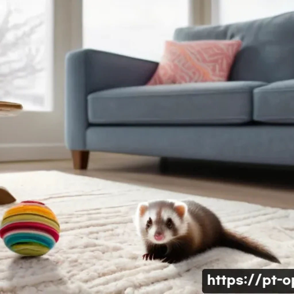 페럿 사회성 훈련 - A young ferret wearing a small, comfortable diaper exploring a bright, cozy living room with soft na...