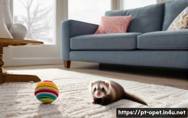 페럿 사회성 훈련 - A young ferret wearing a small, comfortable diaper exploring a bright, cozy living room with soft na...