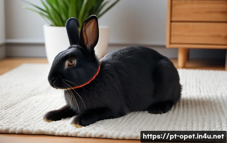 토끼 중성화 수술 - A calm indoor scene featuring a young adult male rabbit in a cozy, well-lit living room with natural...