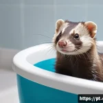 Home 22 페럿 미용 방법 - A cozy indoor bathroom scene with a ferret wearing a soft diaper, gently bathed in warm water by a c...