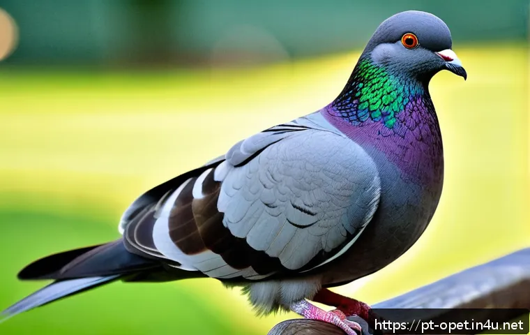 비둘기 품종별 특징 - A majestic Carneiro pigeon standing proudly on a wooden perch, showcasing its distinctive large, inf...