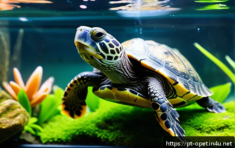 수생 거북이 수질 관리 - A detailed close-up of an aquatic turtle swimming gracefully in a well-maintained aquarium with crys...