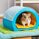 Home 19 햄스터 스트레스 해소법 - A detailed, cozy hamster cage scene featuring a small brown hamster wearing a clean diaper, chewing ...
