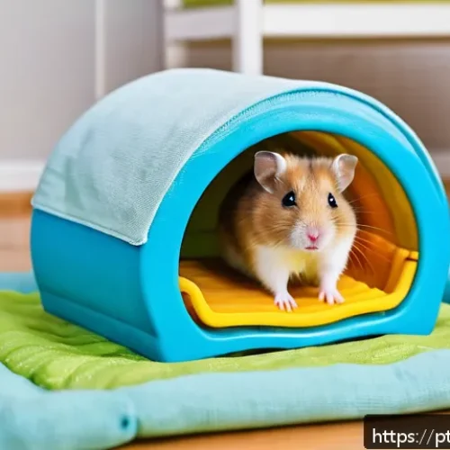 Home 31 햄스터 스트레스 해소법 - A detailed, cozy hamster cage scene featuring a small brown hamster wearing a clean diaper, chewing ...