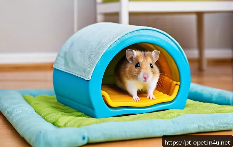 햄스터 스트레스 해소법 - A detailed, cozy hamster cage scene featuring a small brown hamster wearing a clean diaper, chewing ...
