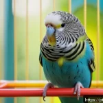 Home 18 칵테일 앵무새 행동 습관 - A vibrant, detailed close-up of a cheerful budgerigar perched on a colorful wooden play stand inside...