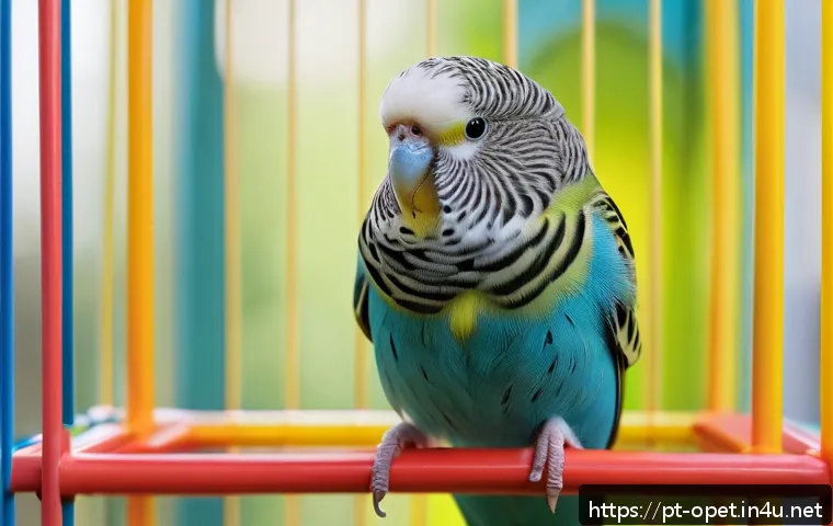 칵테일 앵무새 행동 습관 - A vibrant, detailed close-up of a cheerful budgerigar perched on a colorful wooden play stand inside...
