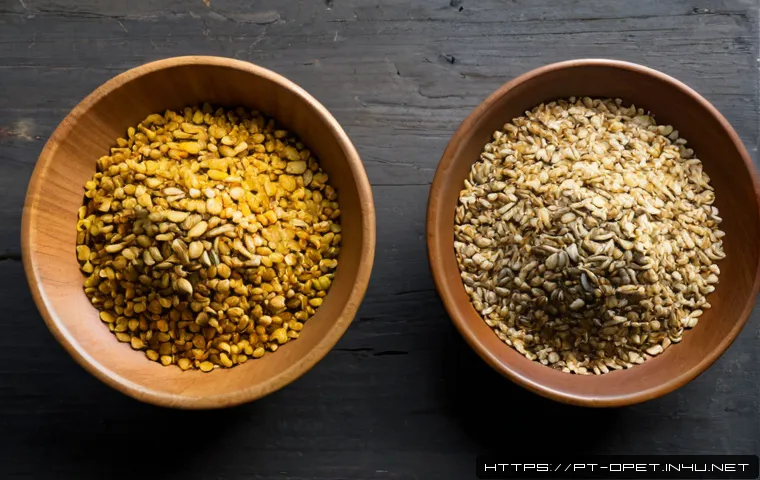 Home 17 말 사료 성분 비교 - Photorealistic top-down comparison of two unbranded horse feed portions in rustic wooden bowls, one ...